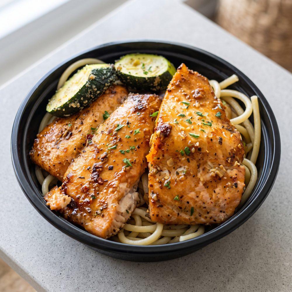 Baked salmon fillets with zucchini over spaghetti